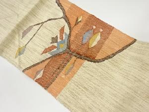 手織り真綿紬抽象木に葉模様織出し名古屋帯